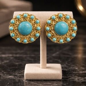 Turquoise and Gold Round Earrings(Pierced)
